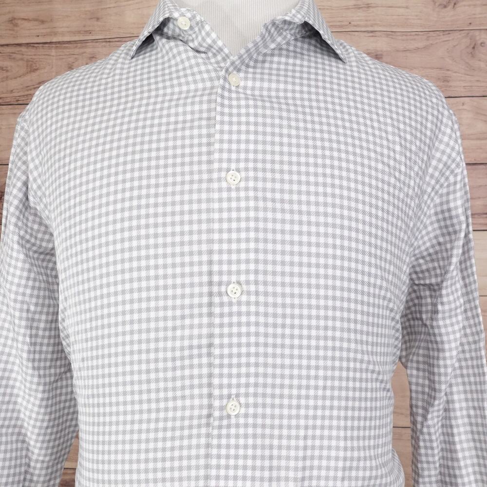 PRONTO UOMO NON-IRON GREY WHITE CHECK BUTTON UP DRESS SHIRT MENS 17.5 34/35